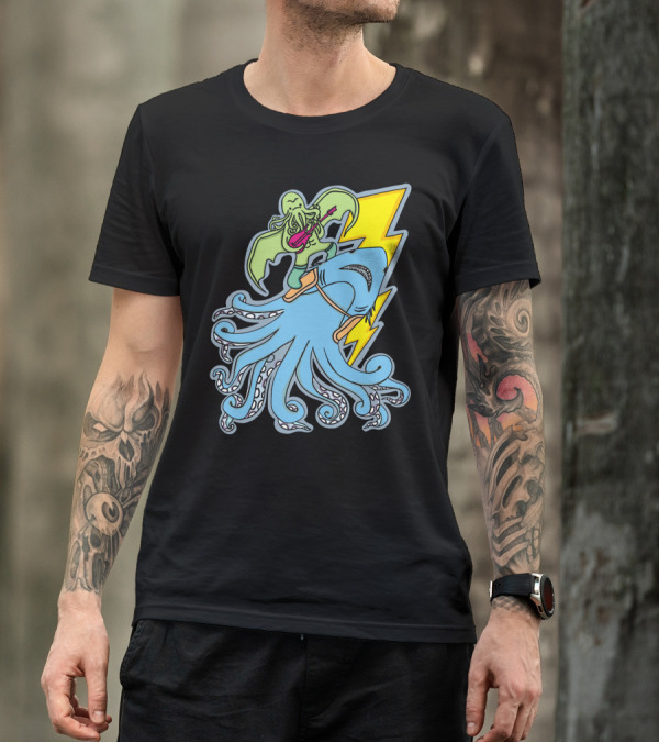 Sharktopus Tamer Rocking Guitar With Lightning Bolt And Monster Riding Scene T-Shirt
