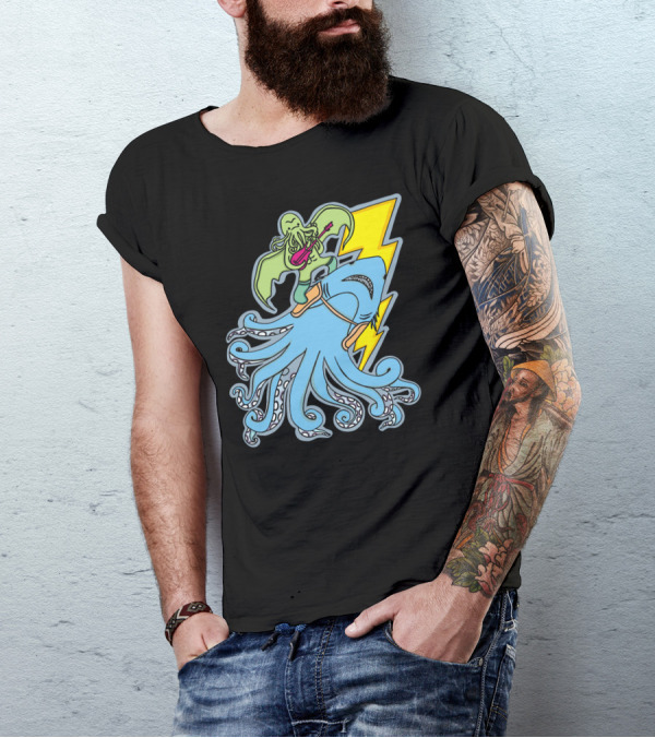 Sharktopus Tamer Rocking Guitar With Lightning Bolt And Monster Riding Scene T-Shirt