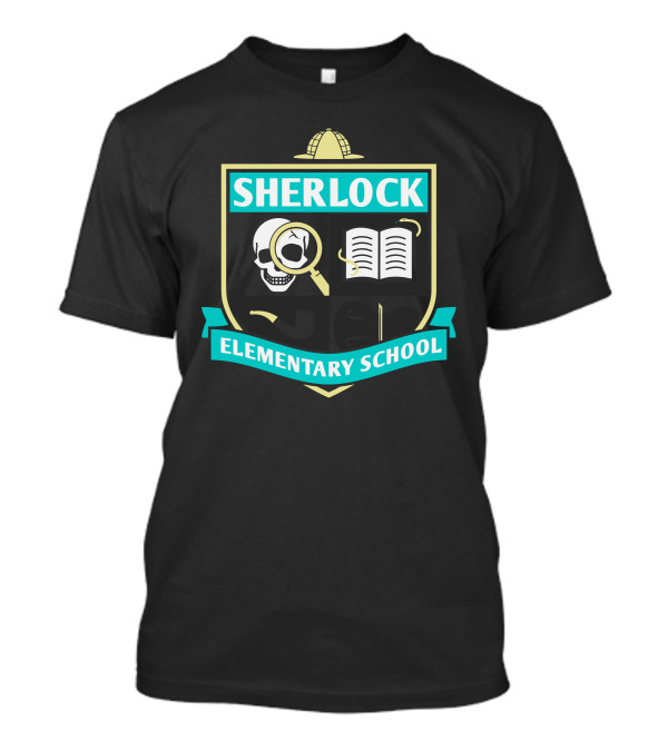 Sherlock Elementary School Emblem With Detective Hat, Skull, Magnifying Glass, And Open Book T-Shirt
