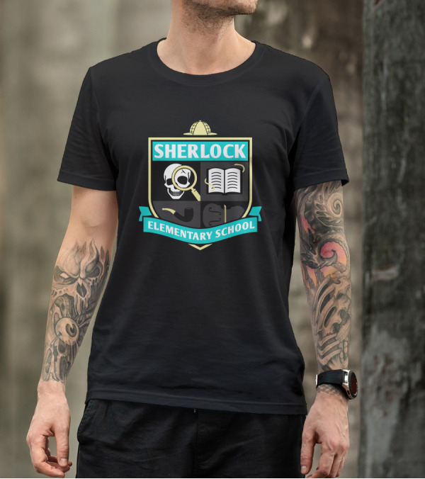 Sherlock Elementary School Emblem With Detective Hat, Skull, Magnifying Glass, And Open Book T-Shirt