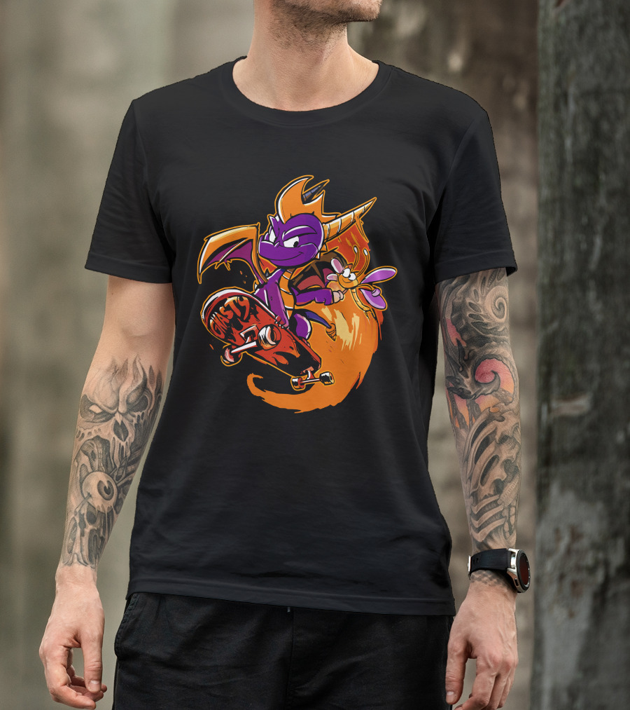 Spyro Skateboarding With Gnasty Skateboard And Sparx T-Shirt