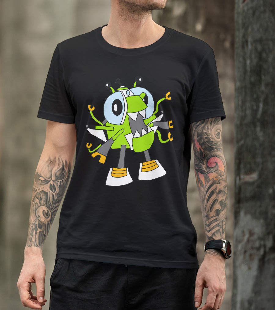 Alien Orbitons Max Green Cartoon Character With Big Eyes And Antennas T-Shirt