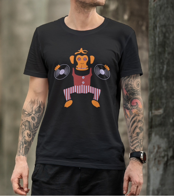 Beat Banging Monkey Holding Vinyl Records In Striped Pants T-Shirt
