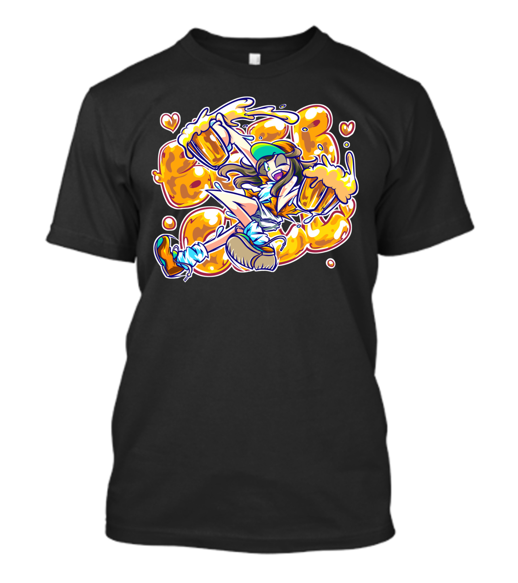 Beer Girl Cheers With Overflowing Mugs And Heart Icons T-Shirt