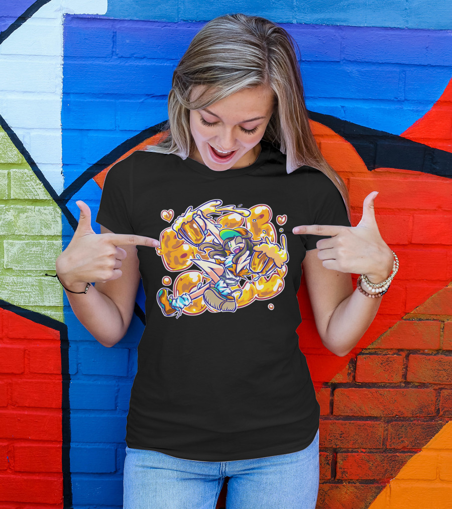 Beer Girl Cheers With Overflowing Mugs And Heart Icons T-Shirt