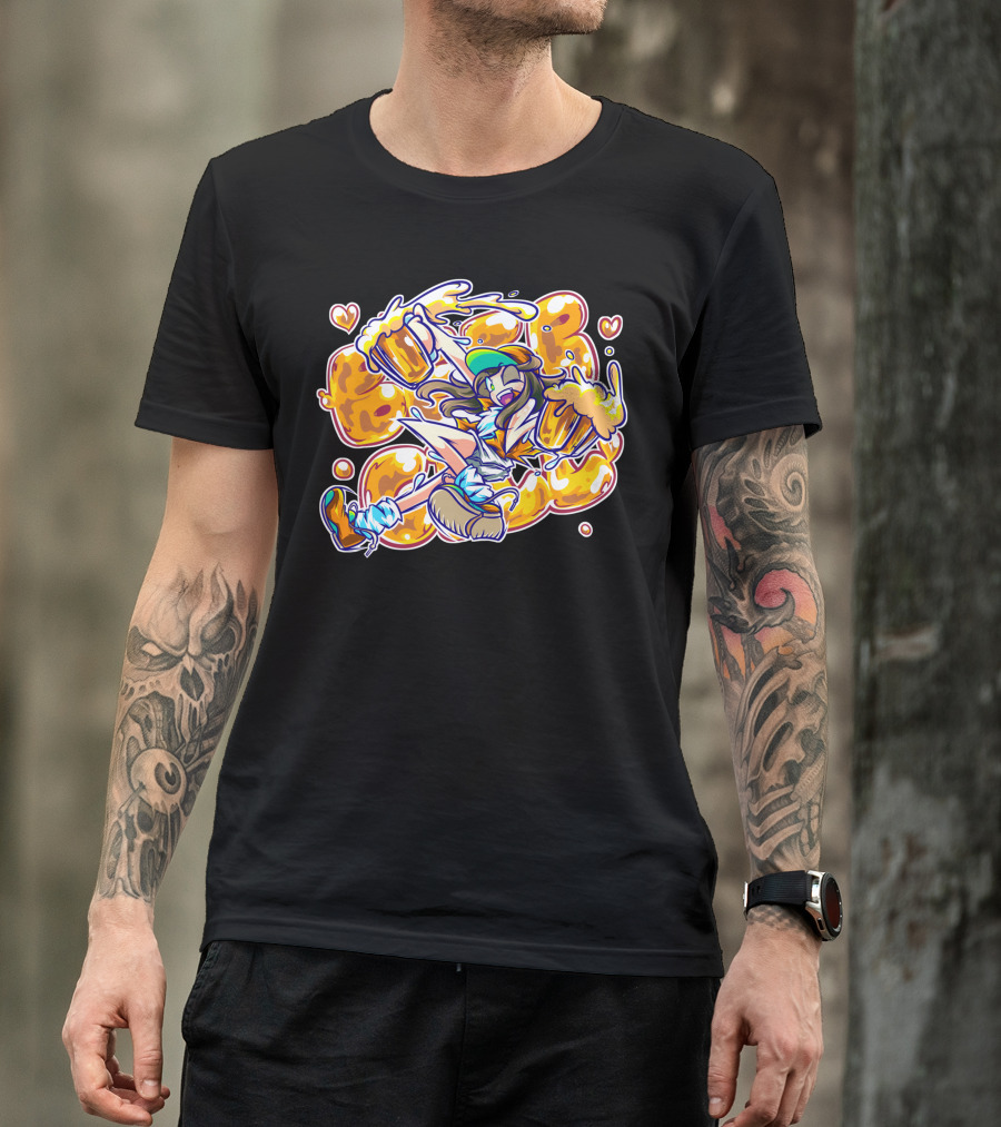 Beer Girl Cheers With Overflowing Mugs And Heart Icons T-Shirt