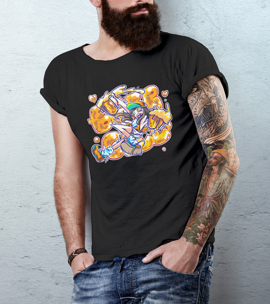 Beer Girl Cheers With Overflowing Mugs And Heart Icons T-Shirt
