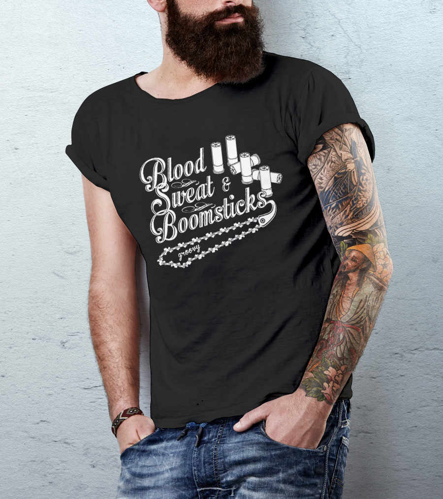 Blood Sweat And Boomsticks Groovy Chainsaw Shotgun Shells T-Shirt