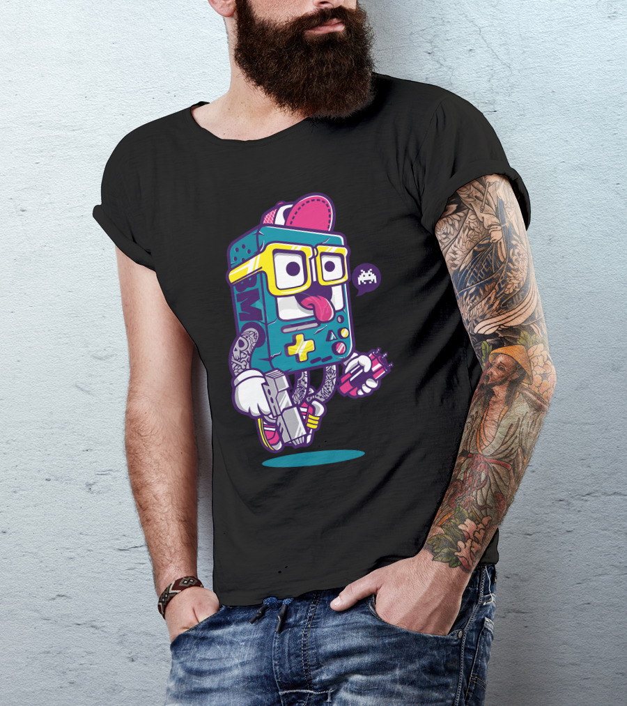 Bmo Retro Gaming Console Character With Space Invader Icon And Tattoo Style Elements T-Shirt