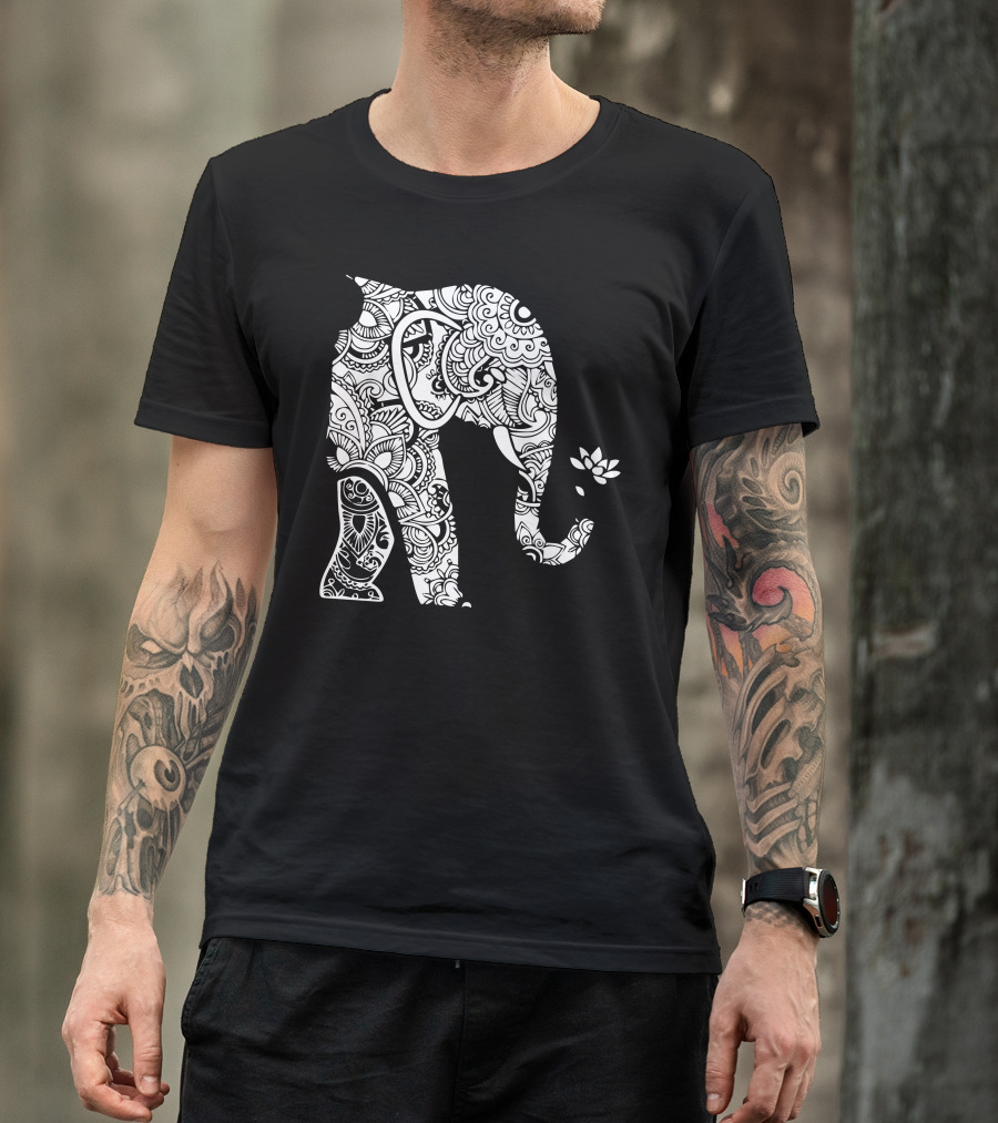 Mandala Floral Pattern Left Side Elephant With Lotus Flower T-Shirt