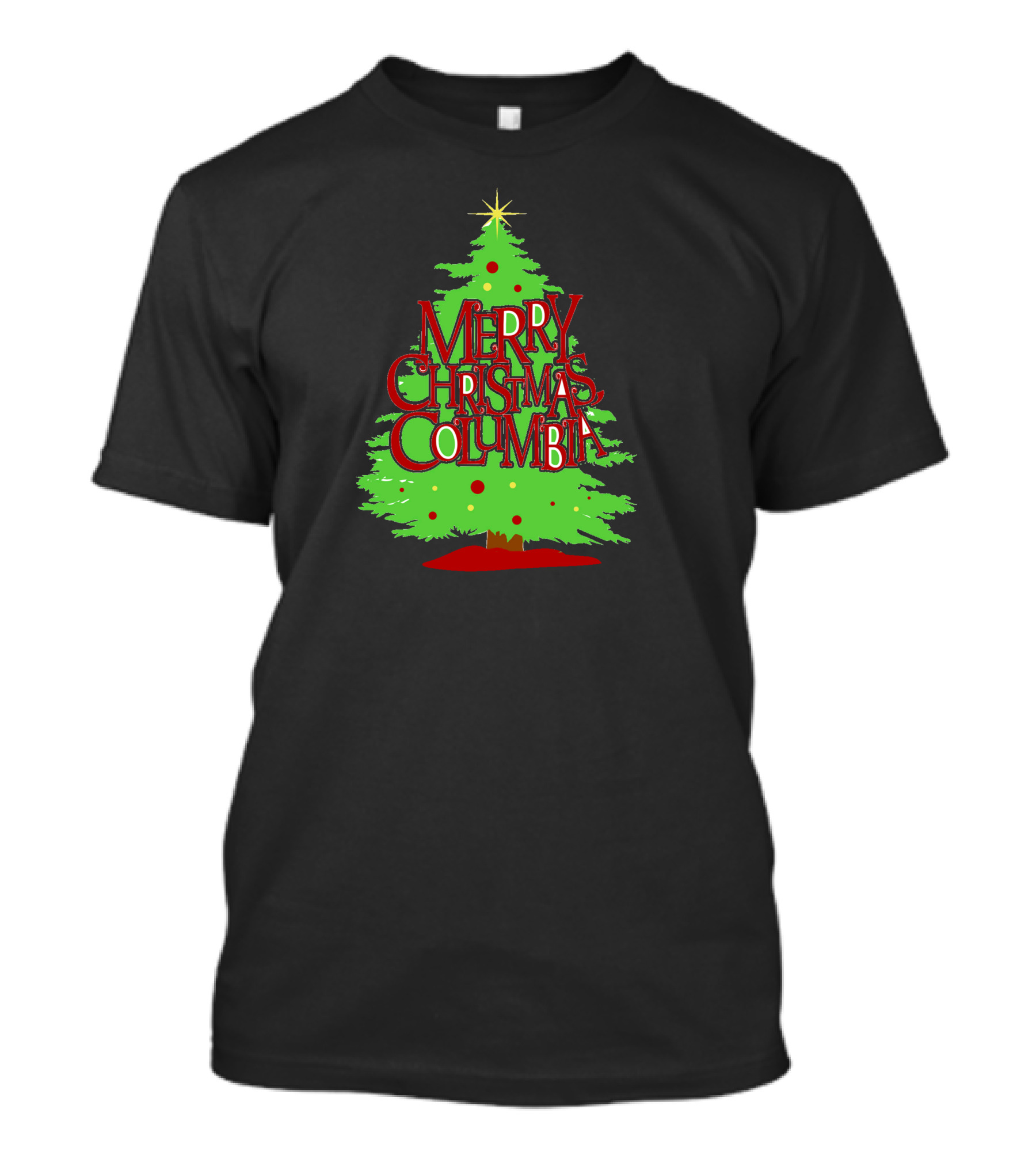 Merry Christmas Columbia Red Text Evergreen Tree Star T-Shirt