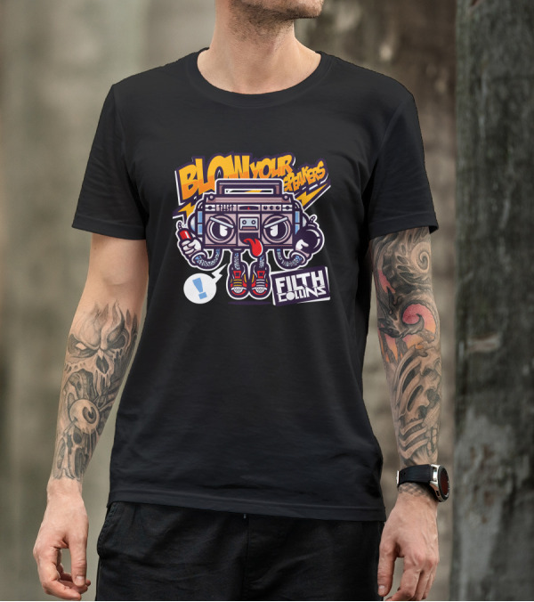 BLOW YOUR SPEAKERS FILTH COLLINS Boom Box Character With Sneakers And Lightning T-Shirt
