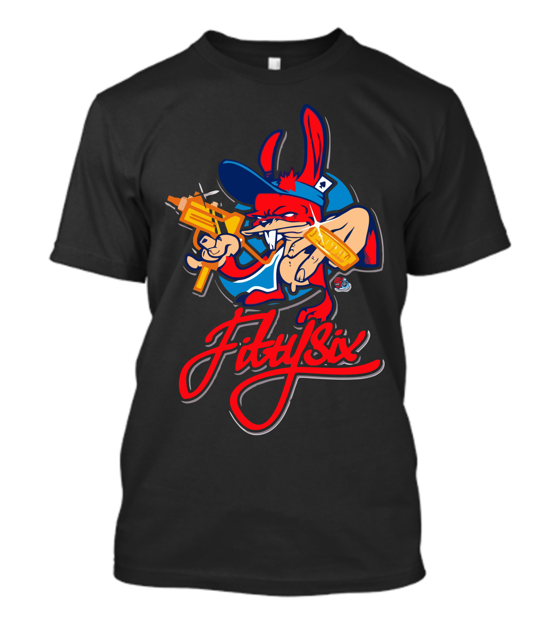 Fiftysix Gangster Rabbit Cartoon With Gold Gun And Hip-Hop T-Shirt
