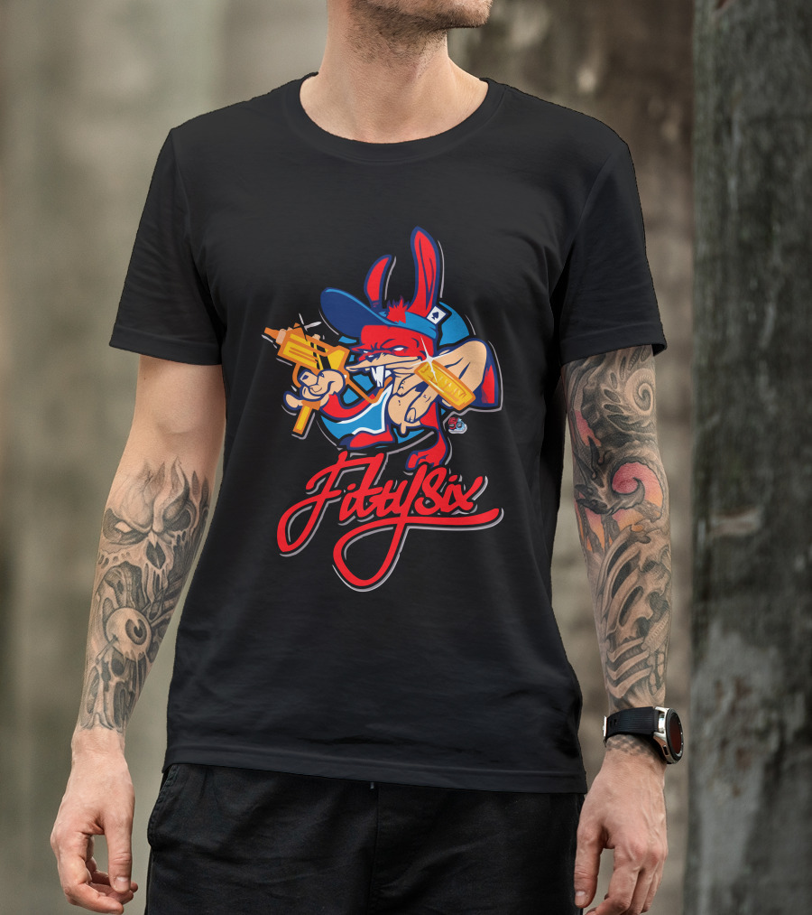 Fiftysix Gangster Rabbit Cartoon With Gold Gun And Hip-Hop T-Shirt