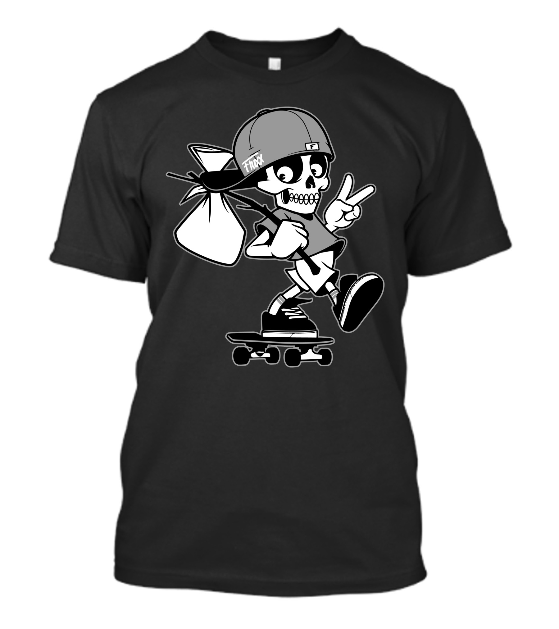 Fluxx Skater Skeleton With Peace Sign And Backpack T-Shirt