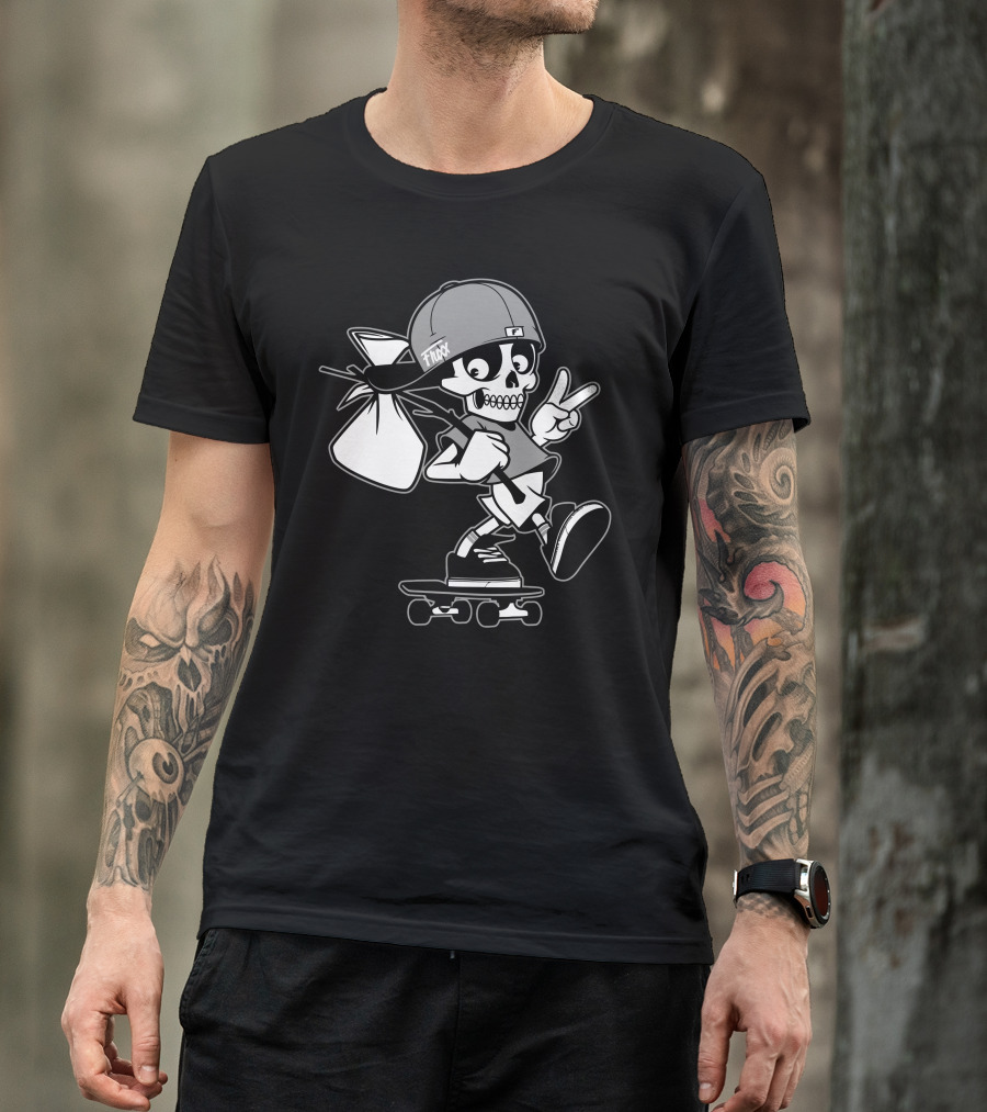 Fluxx Skater Skeleton With Peace Sign And Backpack T-Shirt