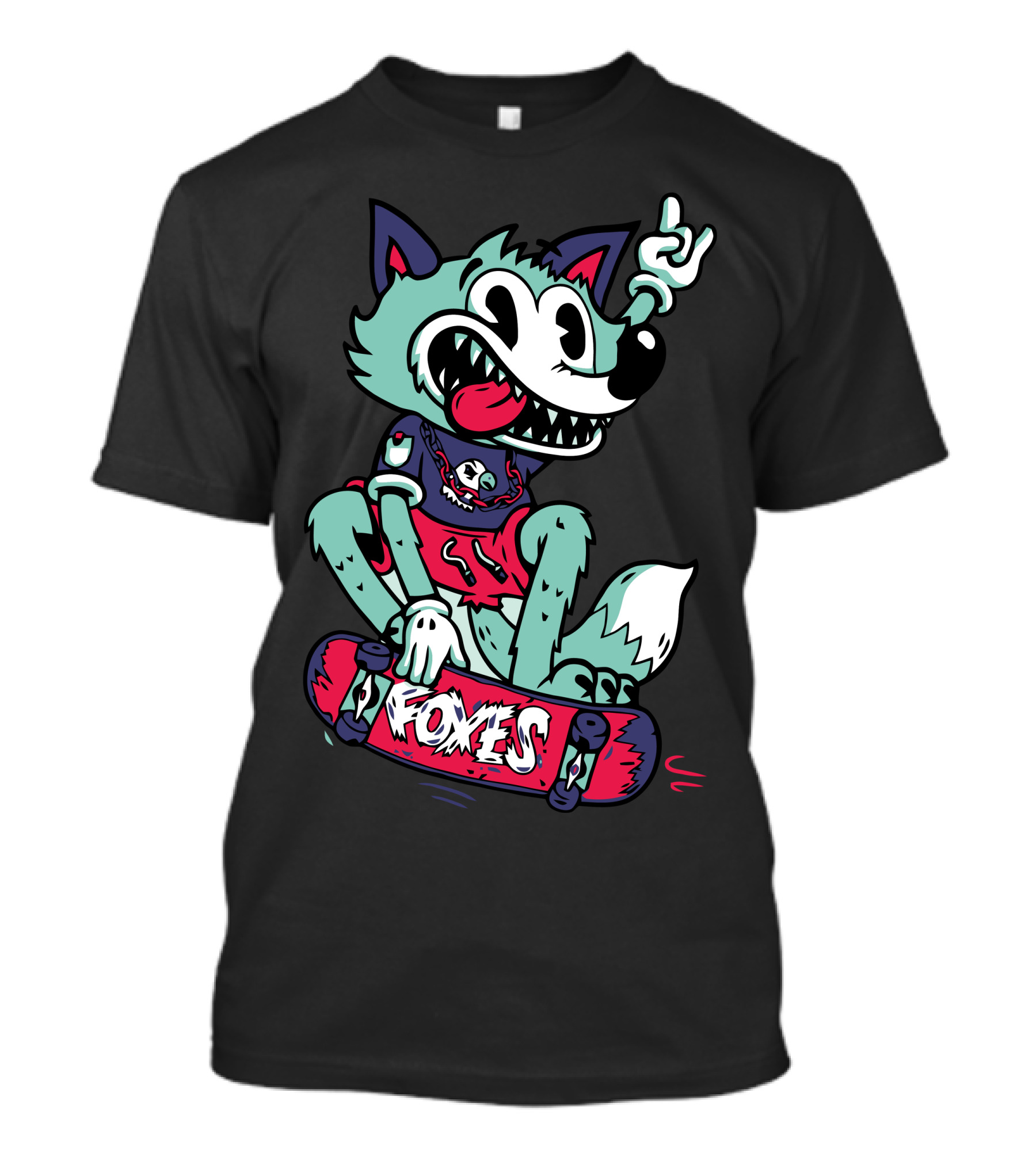Foxes Skateboarding Wolf Cartoon With Skater Attitude And Rock Hand Gesture T-Shirt