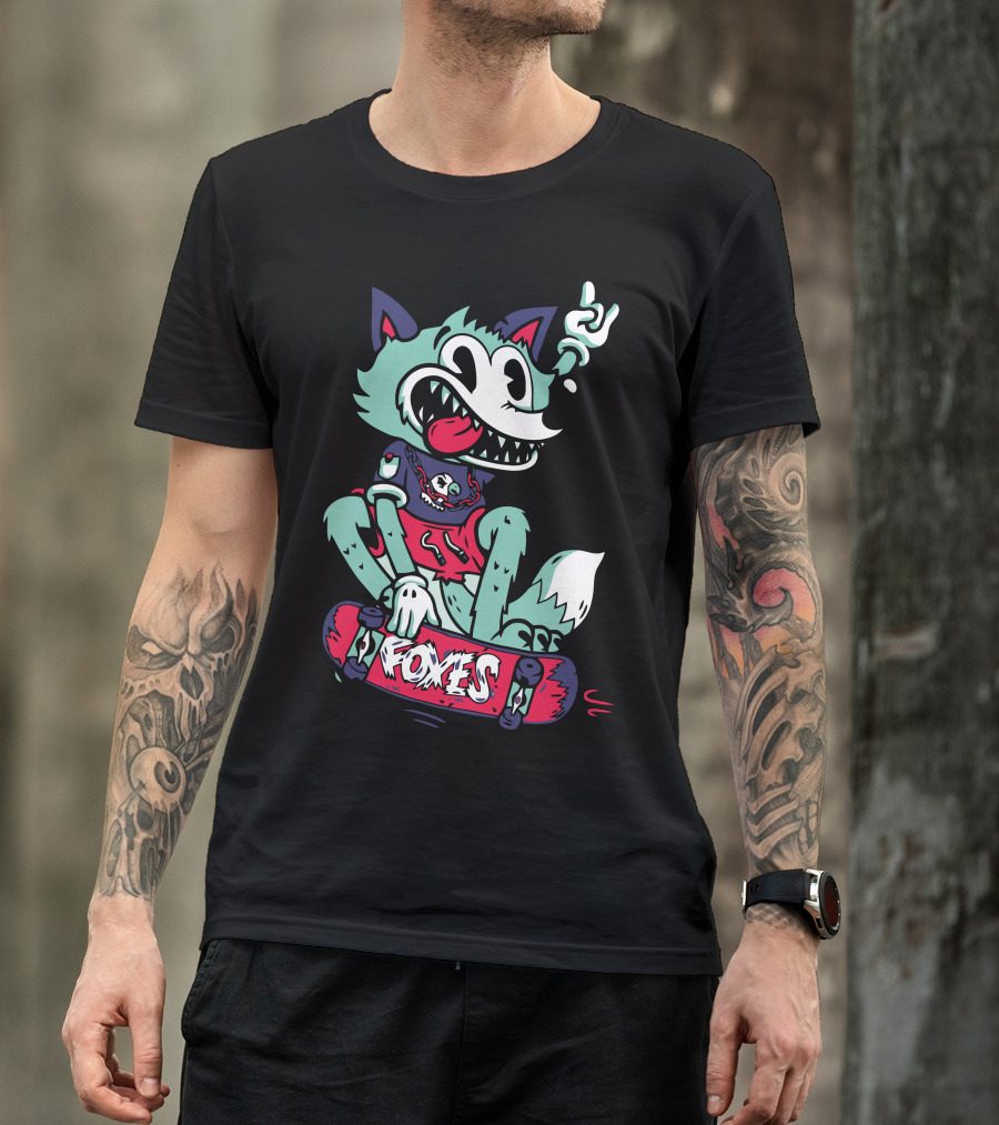 Foxes Skateboarding Wolf Cartoon With Skater Attitude And Rock Hand Gesture T-Shirt