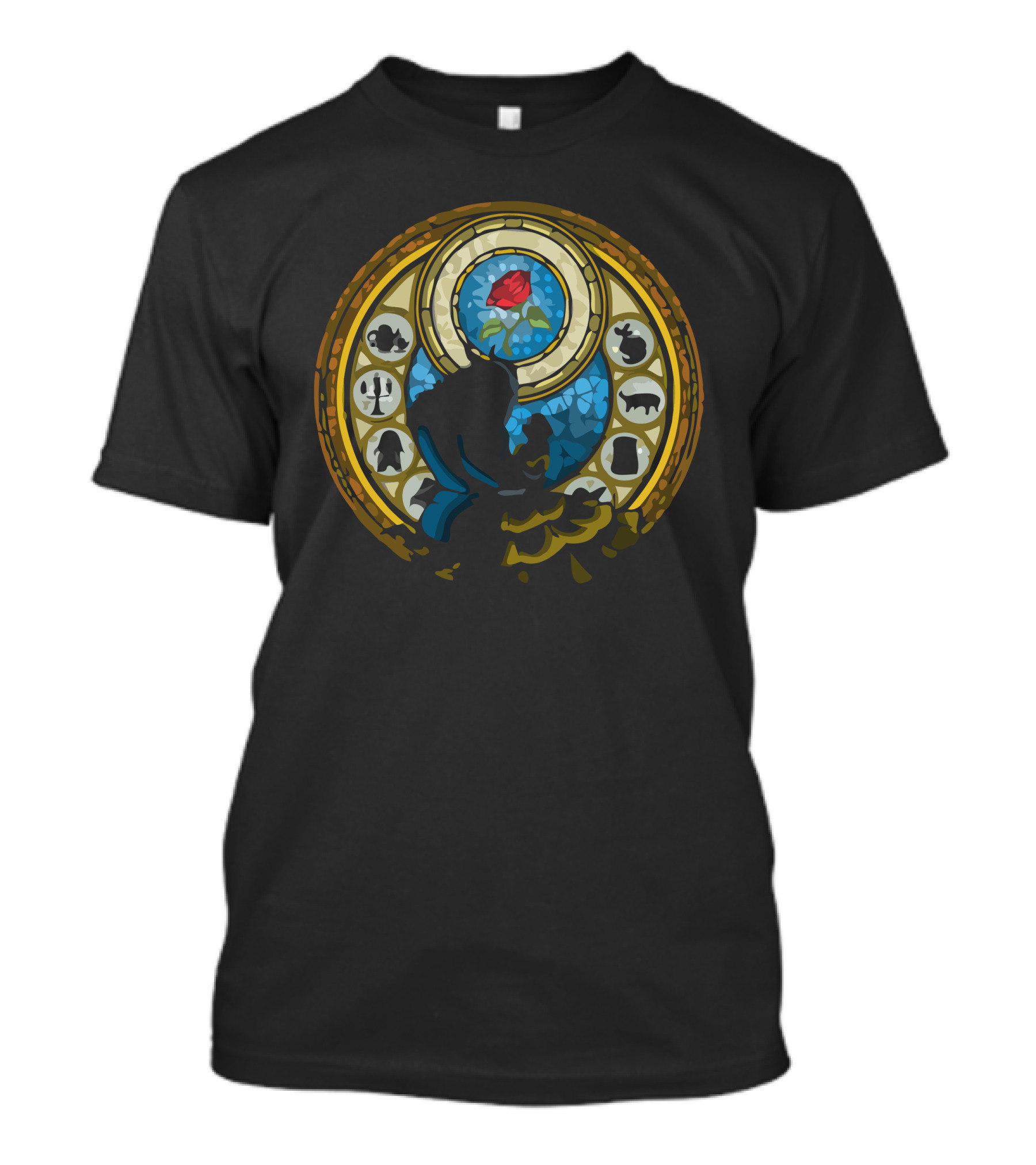 La Danse De La Rose Stained Glass Silhouette With Enchanted Red Rose And Iconic Symbols T-Shirt