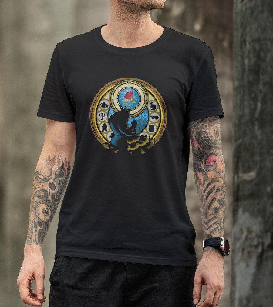 La Danse De La Rose Stained Glass Silhouette With Enchanted Red Rose And Iconic Symbols T-Shirt