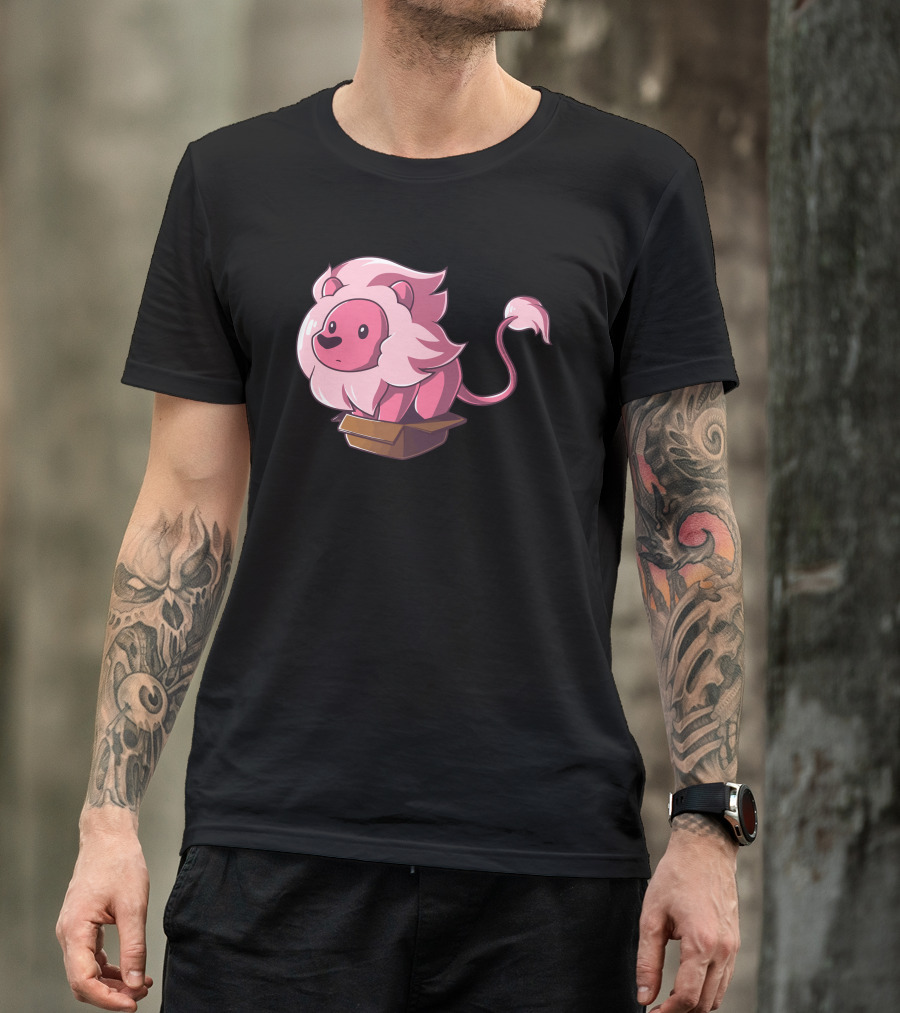 Lion In A Box Cartoon Pink Mane Playful T-Shirt
