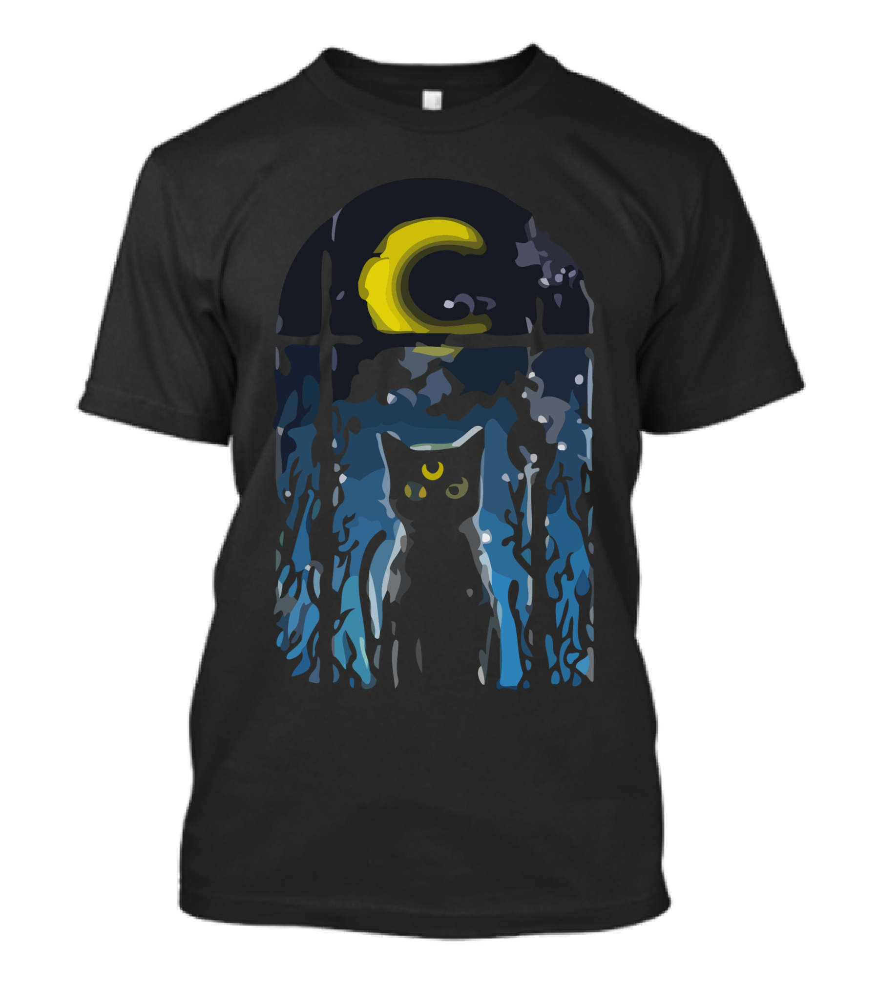 Moonlit Black Cat Under Crescent Sky T-Shirt
