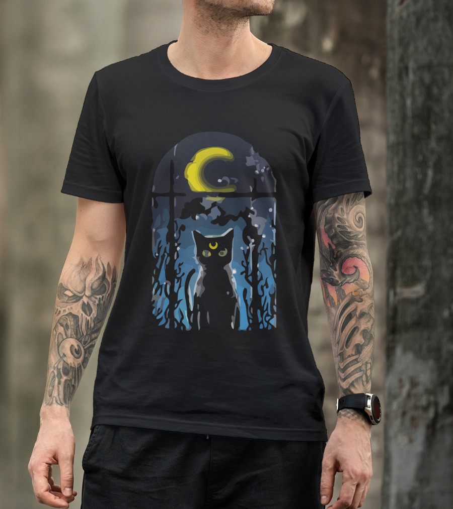 Moonlit Black Cat Under Crescent Sky T-Shirt