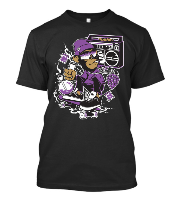Skateboarding Monkey With Boombox And Lab Flask In Purple Attire T-Shirt