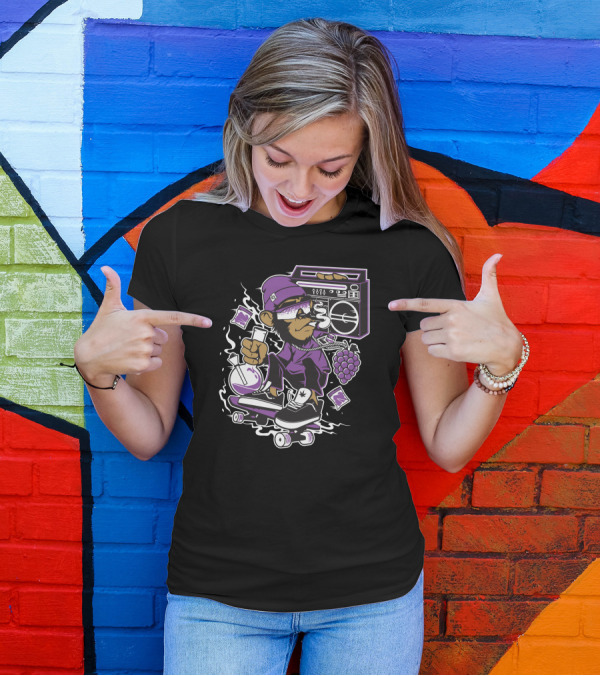 Skateboarding Monkey With Boombox And Lab Flask In Purple Attire T-Shirt