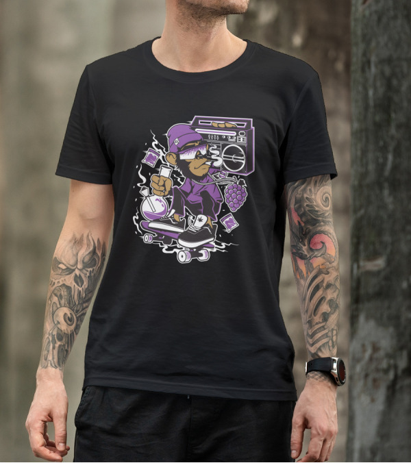 Skateboarding Monkey With Boombox And Lab Flask In Purple Attire T-Shirt