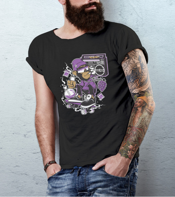 Skateboarding Monkey With Boombox And Lab Flask In Purple Attire T-Shirt