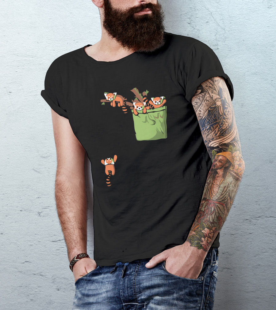 Pocket Red Pandas Hanging On Branches And Climbing Out Of Green Pocket T-Shirt