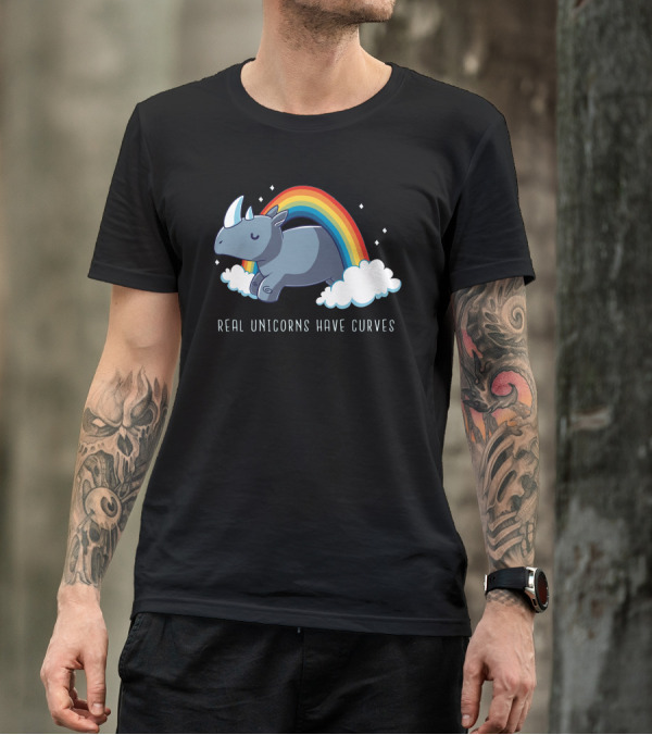 Real Unicorns Have Curves Rhino Rainbow Clouds T-Shirt