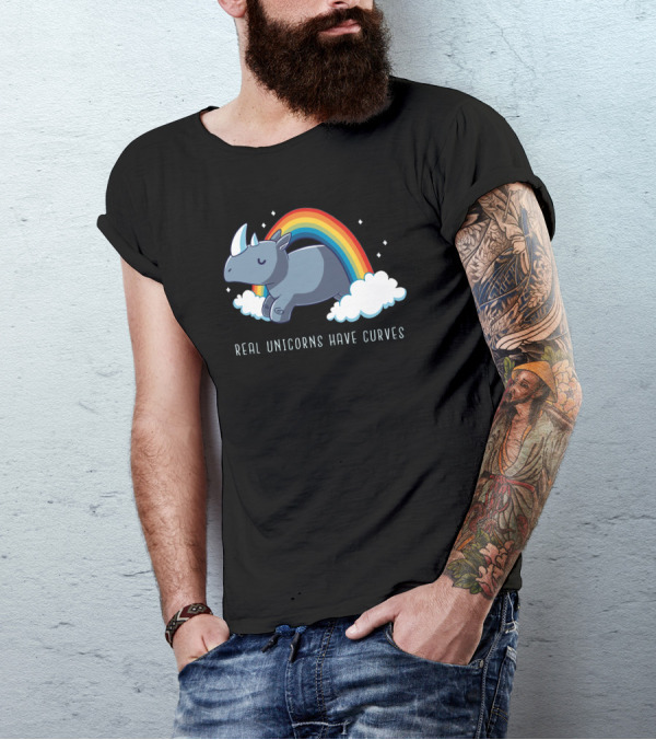 Real Unicorns Have Curves Rhino Rainbow Clouds T-Shirt