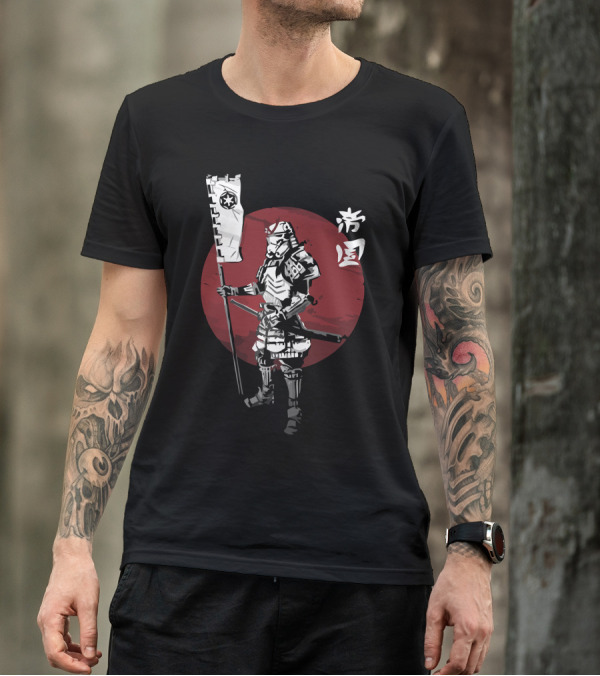 Samurai Empire Warrior With Flag And Red Circle Background T-Shirt