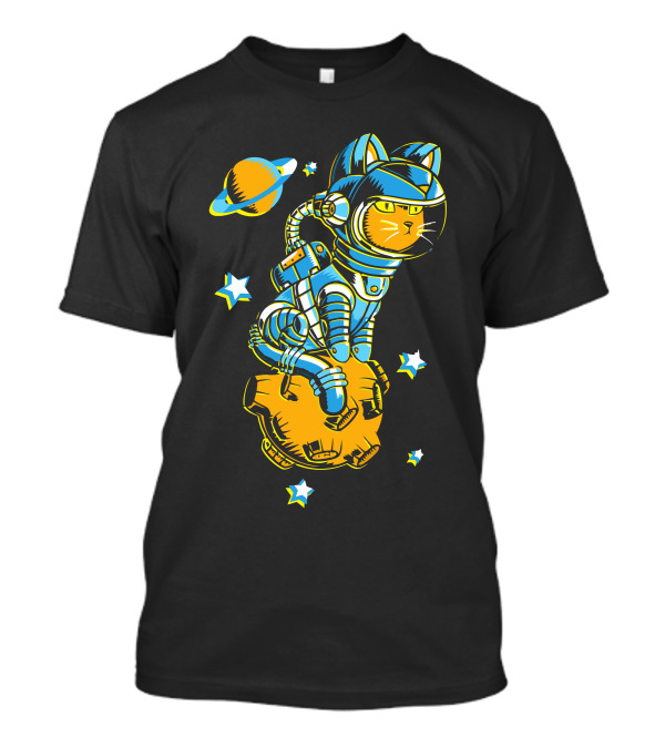 Astronaut Space Cat Riding Meteor With Saturn And Stars T-Shirt