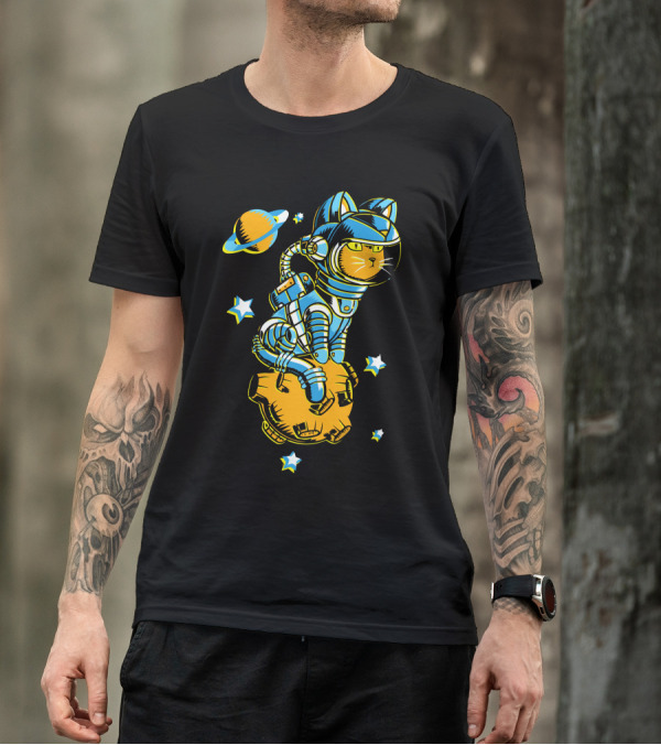 Astronaut Space Cat Riding Meteor With Saturn And Stars T-Shirt