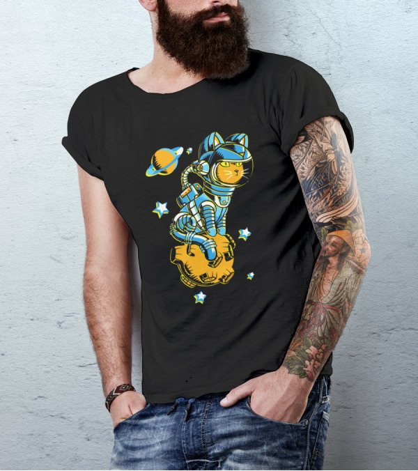 Astronaut Space Cat Riding Meteor With Saturn And Stars T-Shirt