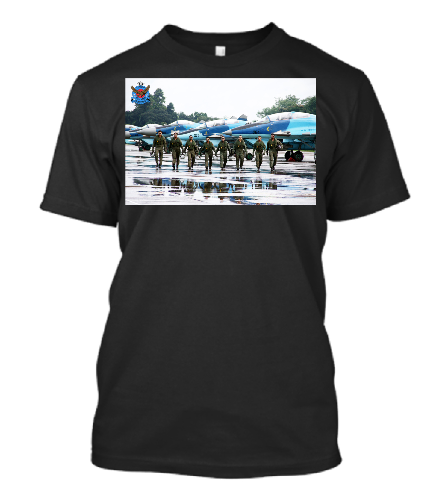 Bangladesh Air Force Squadron In Flight Suits Walking In Front Of Blue Camouflage Mig Fighters T-Shirt