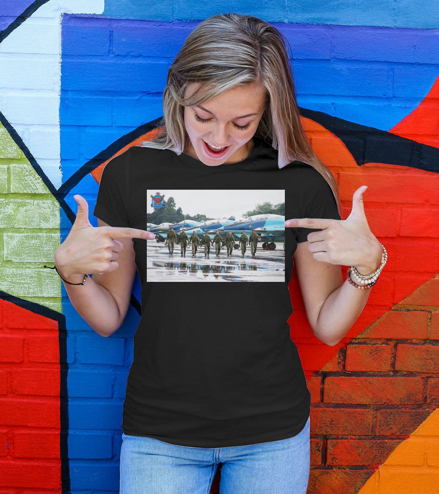 Bangladesh Air Force Squadron In Flight Suits Walking In Front Of Blue Camouflage Mig Fighters T-Shirt