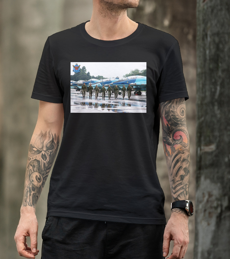 Bangladesh Air Force Squadron In Flight Suits Walking In Front Of Blue Camouflage Mig Fighters T-Shirt