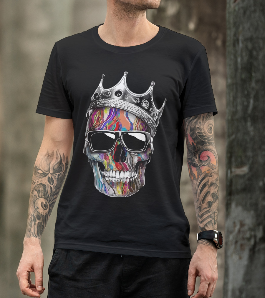 Multicolored Skull With Crown And Sunglasses T-Shirt