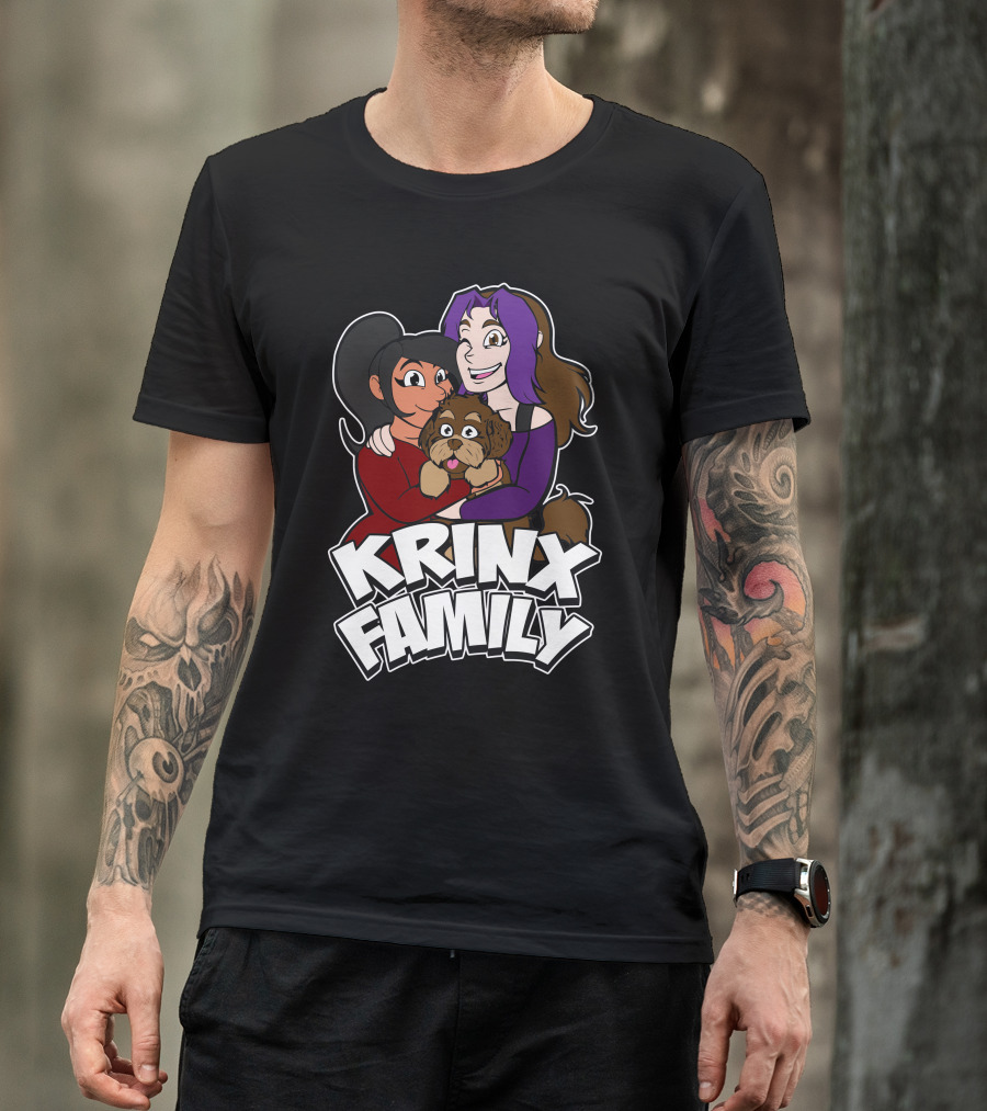 Krinx Family Cartoon Characters Hugging Dog T-Shirt