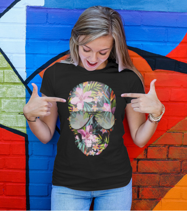 Tropical Floral Skull With Sunglasses T-Shirt