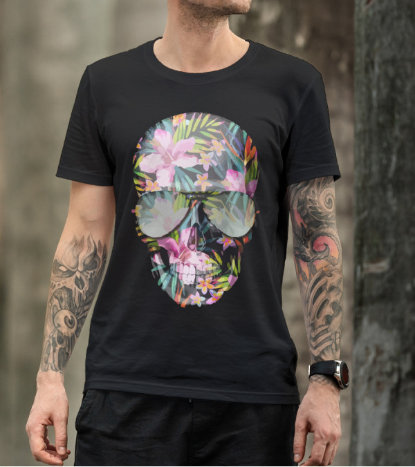 Tropical Floral Skull With Sunglasses T-Shirt