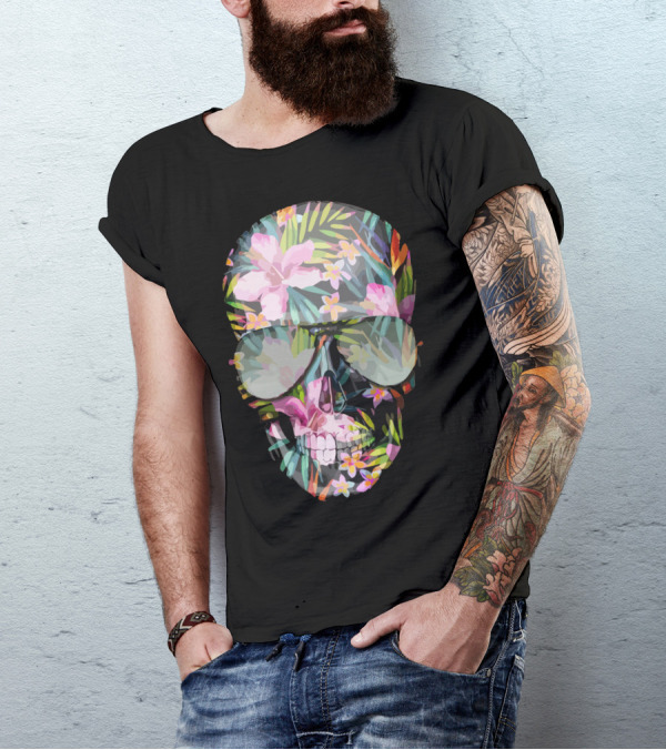 Tropical Floral Skull With Sunglasses T-Shirt