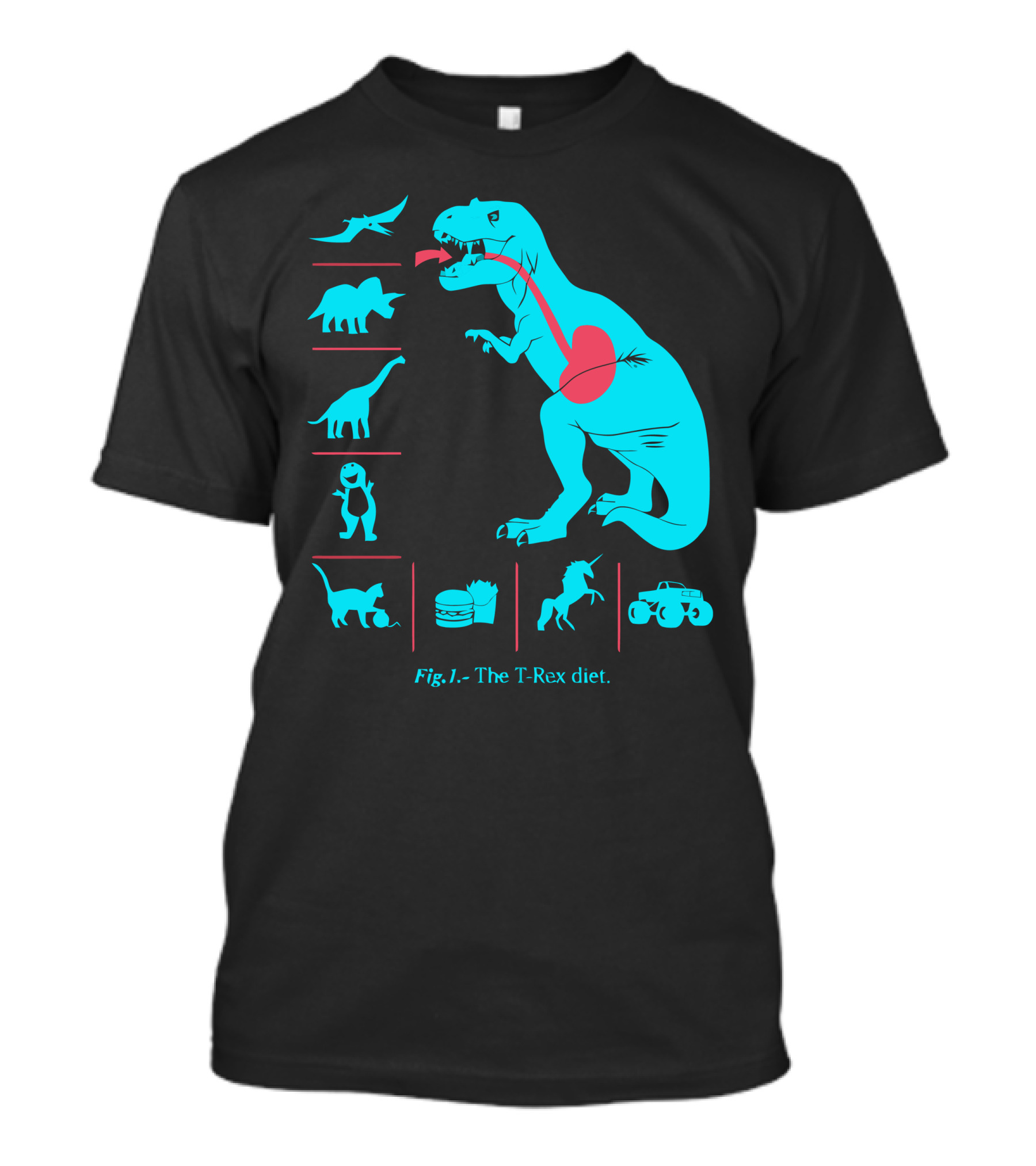 Fig.1. - The T-Rex Diet Featuring Dinosaurs, Burger, And Truck Elements T-Shirt