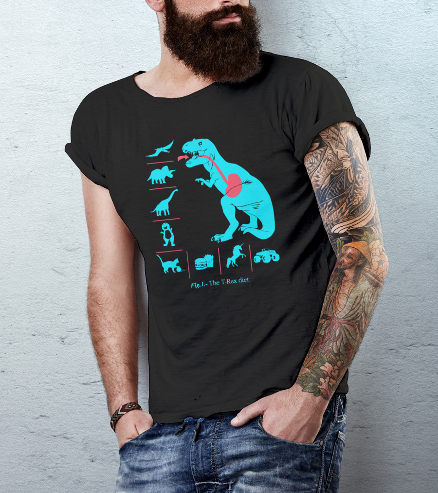 Fig.1. - The T-Rex Diet Featuring Dinosaurs, Burger, And Truck Elements T-Shirt