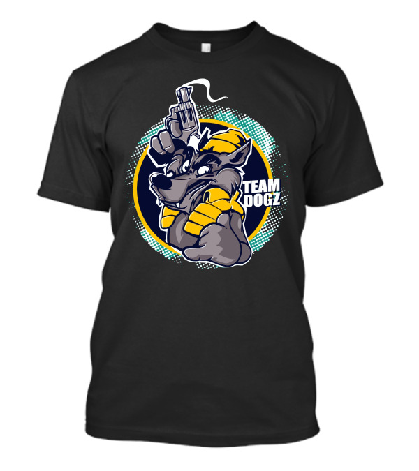 Team Dogz Wolf Character With Gun Hand Gesture T-Shirt