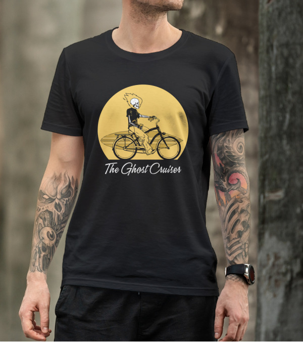 The Ghost Cruiser Skeleton Riding Bicycle With Surfboard In Yellow Moon Background T-Shirt